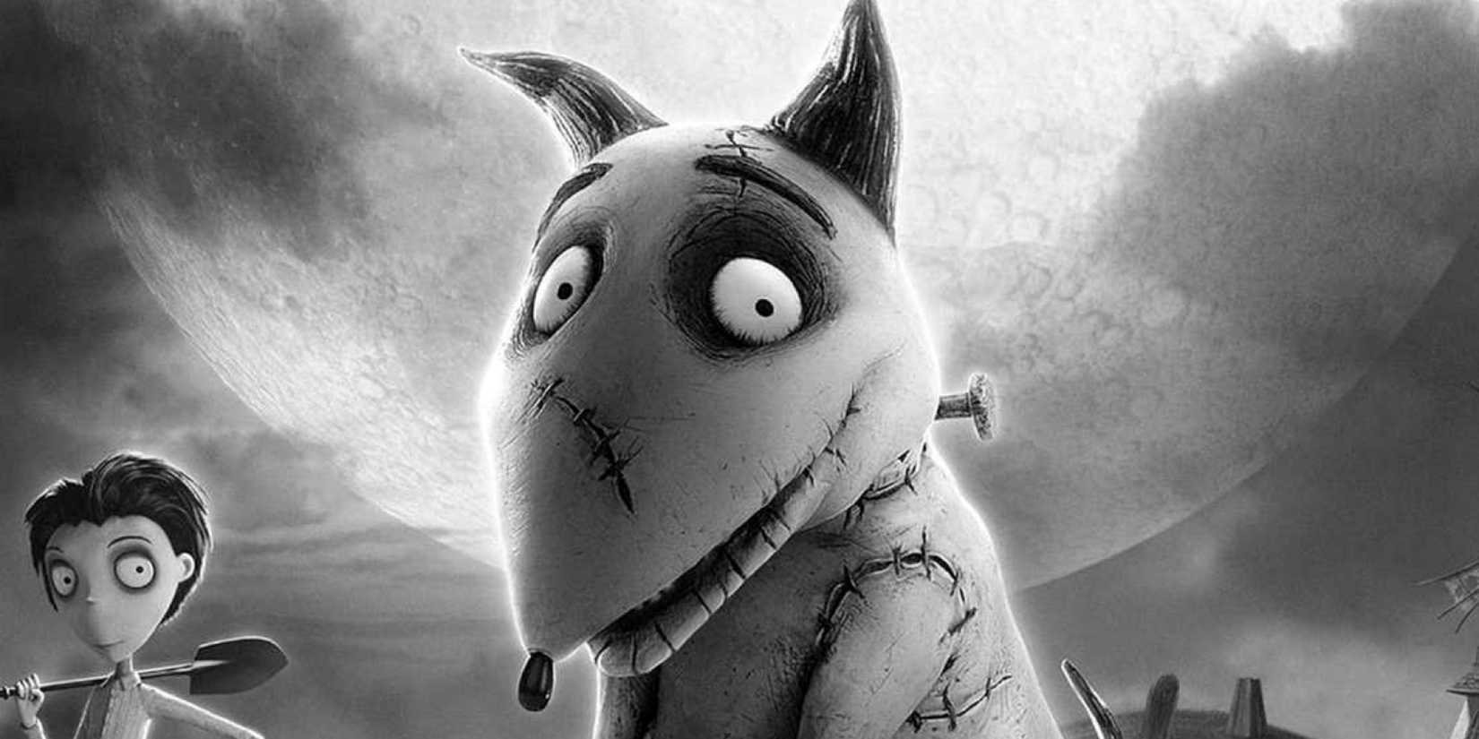 Sparky smiling, with Victor in the back with a shovel on the poster for Frankenweenie