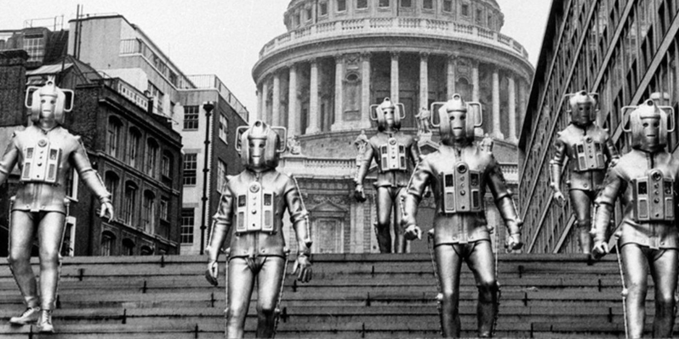 Cybermen marching down the steps in the Doctor Who episode 