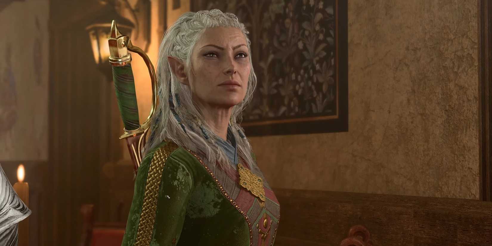 Jaheira smiles as she speaks to her companions in Baldur's Gate 3