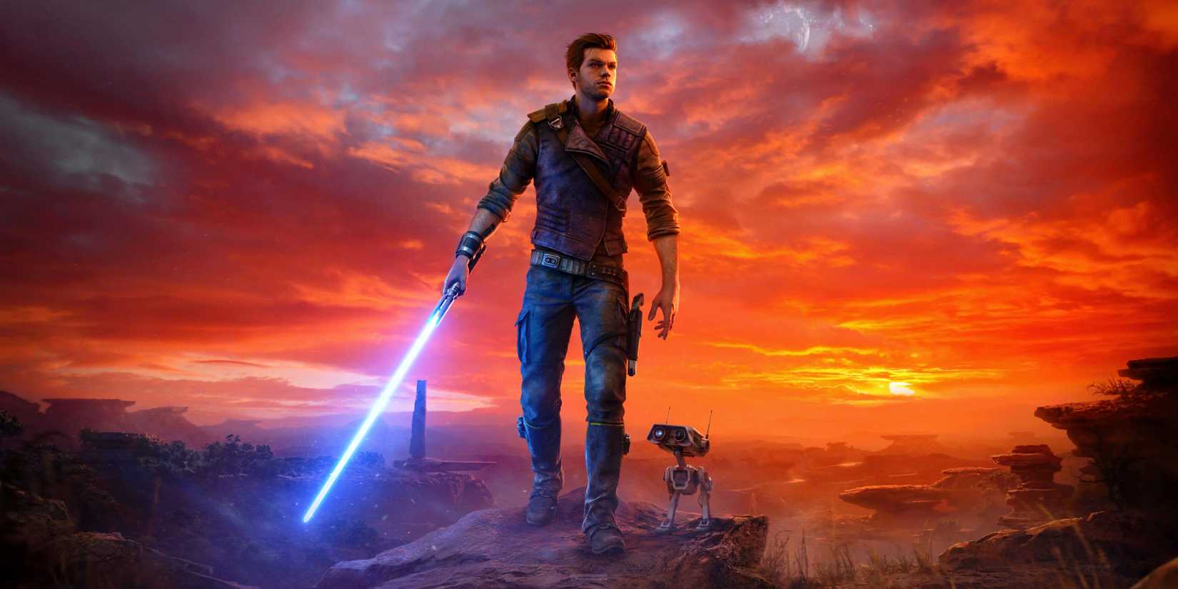 A man and a small droid standing on the top of a rocky hill. The man, Cal Kestis, is holding a blue lightsaber down by his side.