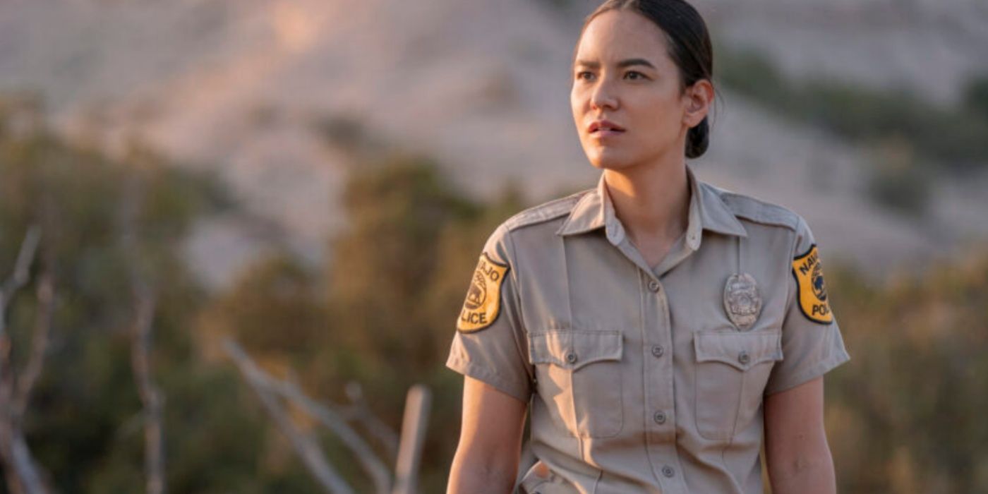 Jessica Matten as Bernadette Manuelito standing outdoors in Dark Winds.