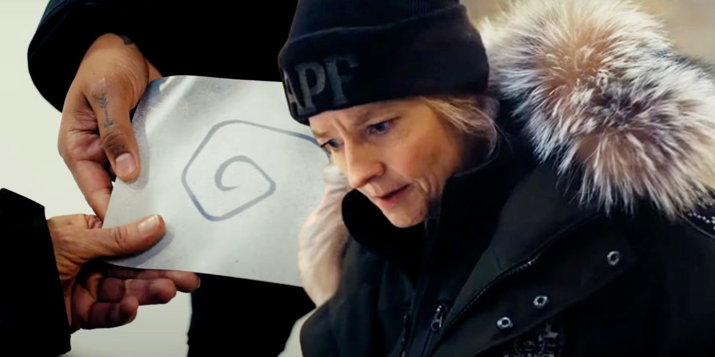 Jodie Foster as a detective juxtaposed with a drawing of a spiral in True Detective season 4.