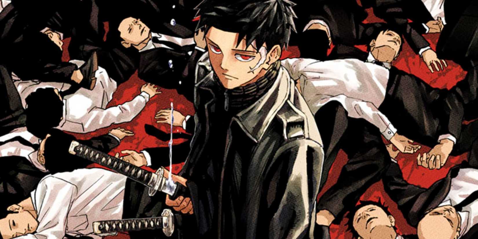 Shonen Jump's Biggest New Action Anime May Be Dead Before Its First Episode Even Airs 3 Kagurabachi Chapter 2 Cover art featuring the main protagonist surrounded by dead bodies while gripping his katana.