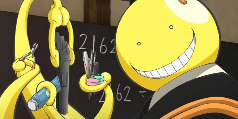 Koro-sensei (Assassination Classroom) holding a variety of school supplies.