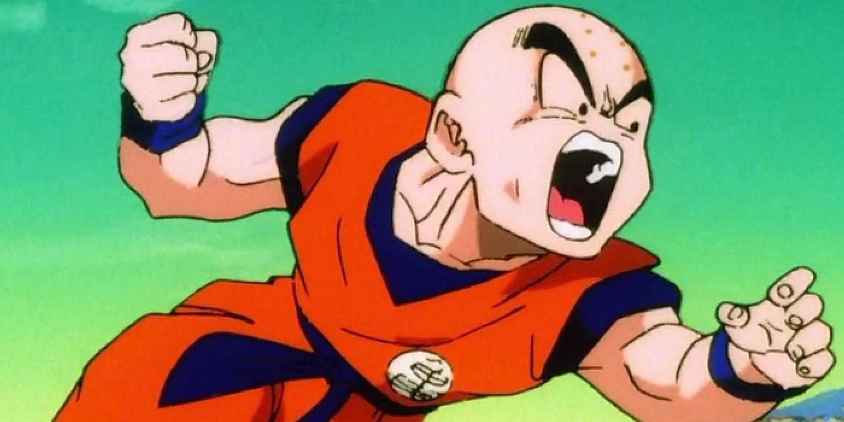 Krillin leaping and charging at Frieza with his fist clinched as he screams in Dragon Ball Z.