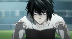 L (Death Note) sitting with his hands holding a journal