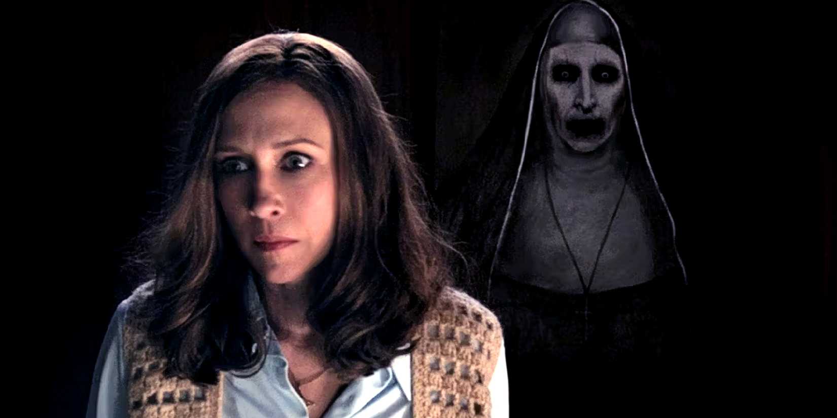Lorraine Warren (Vera Farmiga) with a painting of The Nun in the background in The Conjuring 2