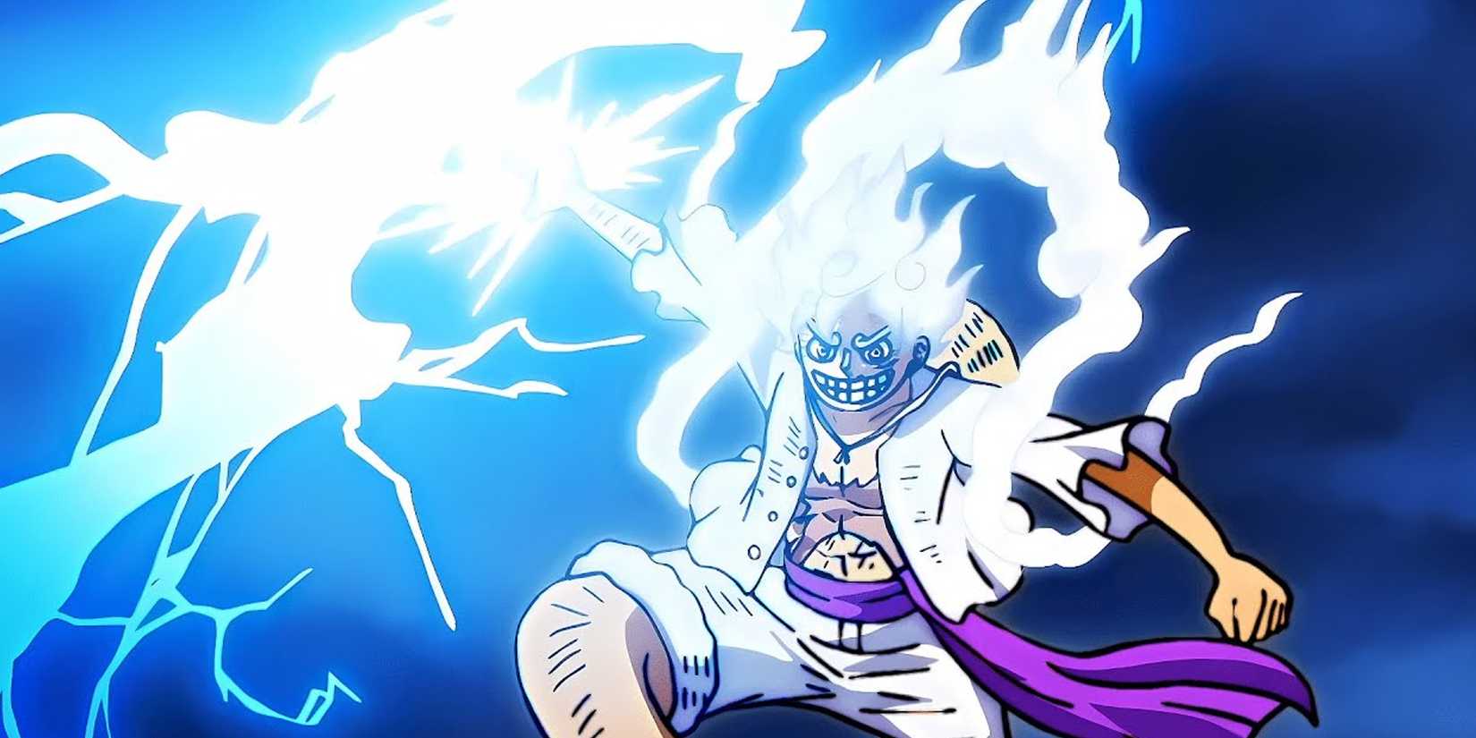 One Piece's Luffy in Gear 5 holding a lightning bolt
