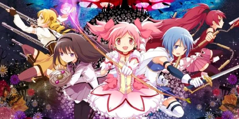 The lead characters from Madoka Magica, featuring Madoka, Sayaka, Mami, Homura, and Sakura