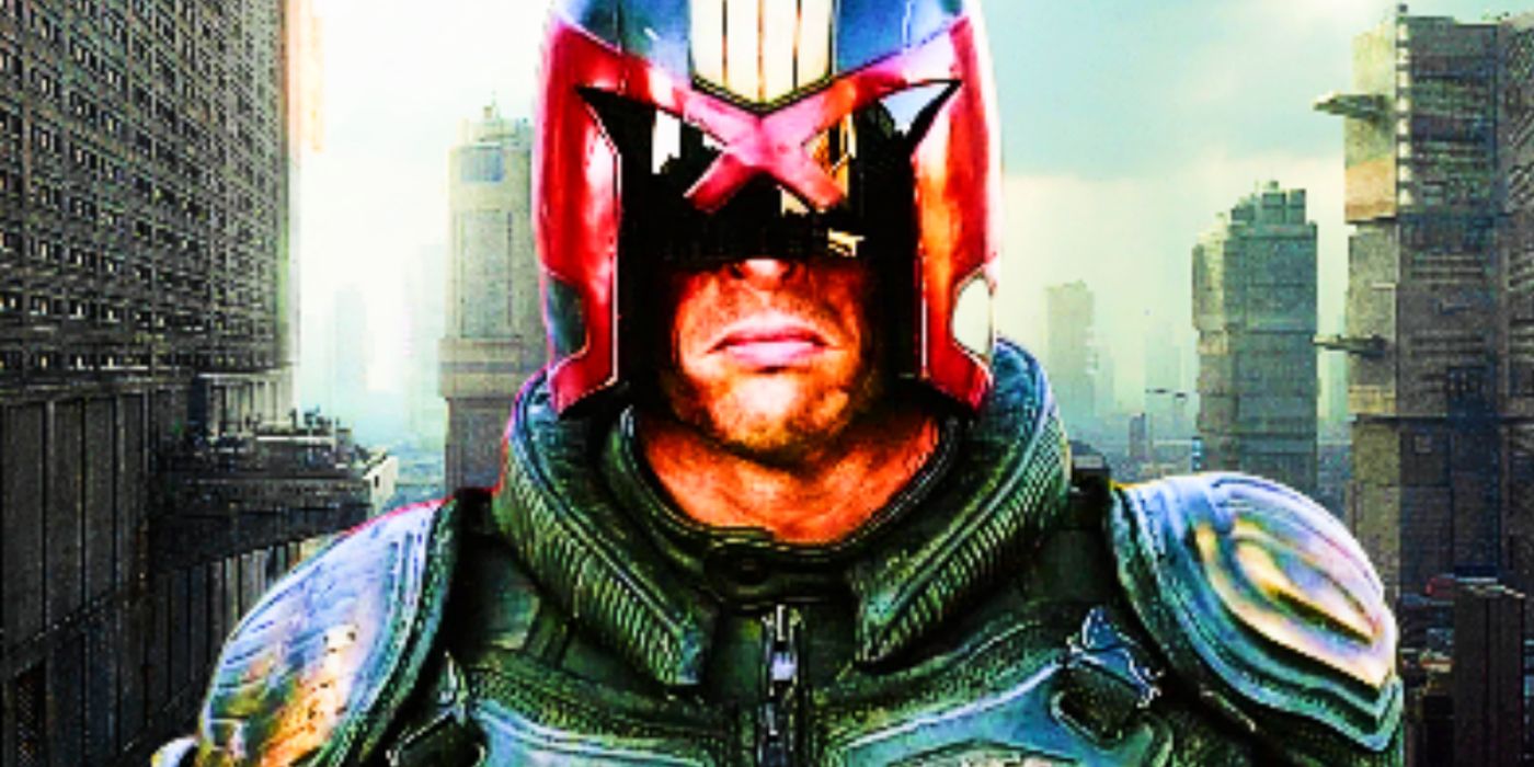 Judge Dredd from the Stallone movie, with Mega-City One in the background