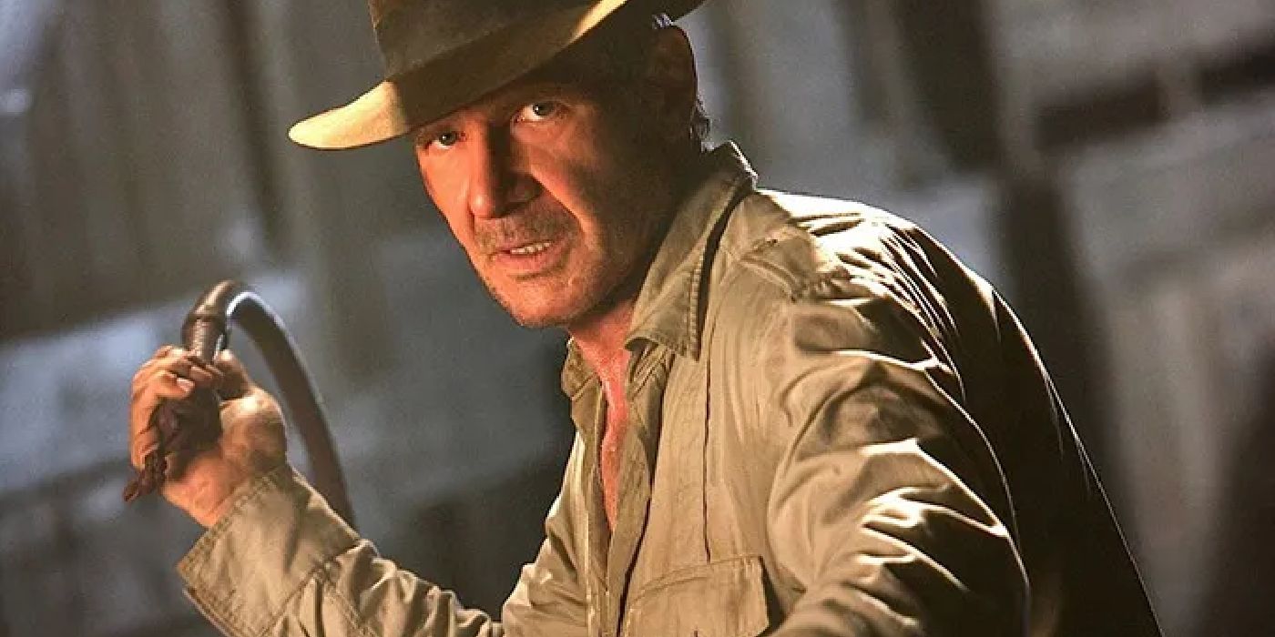 Harrison Ford as Indiana Jones brandishing a whip in the Kingdom of the Crystal Skull