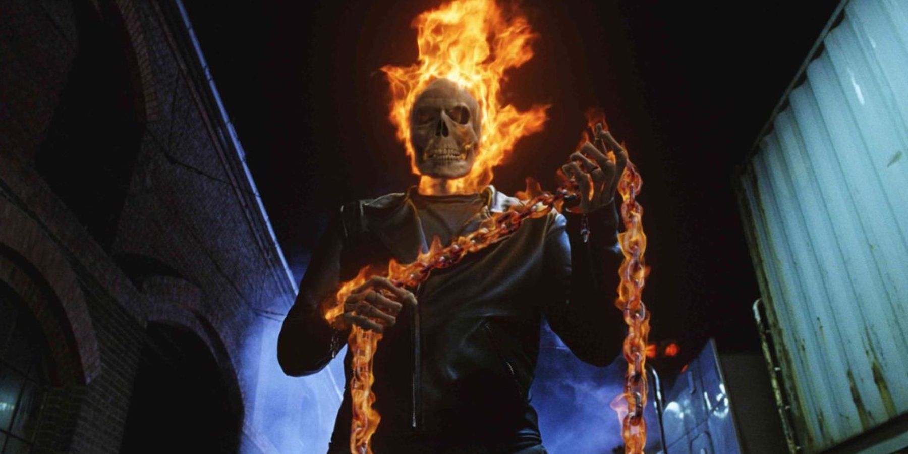 Nicolas Cage as Ghost Rider Stands with Chain in the 2007 movie