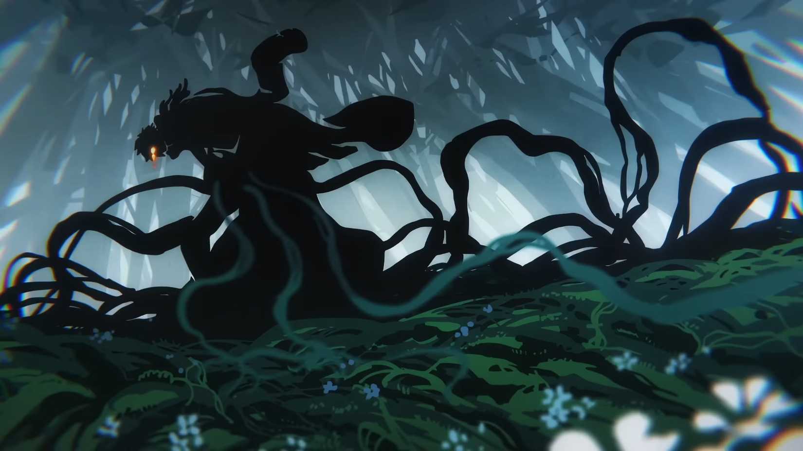Screenshot from One Piece opening 25 shows a silhouette of Admiral Green Bull hunched over a piles of vines.