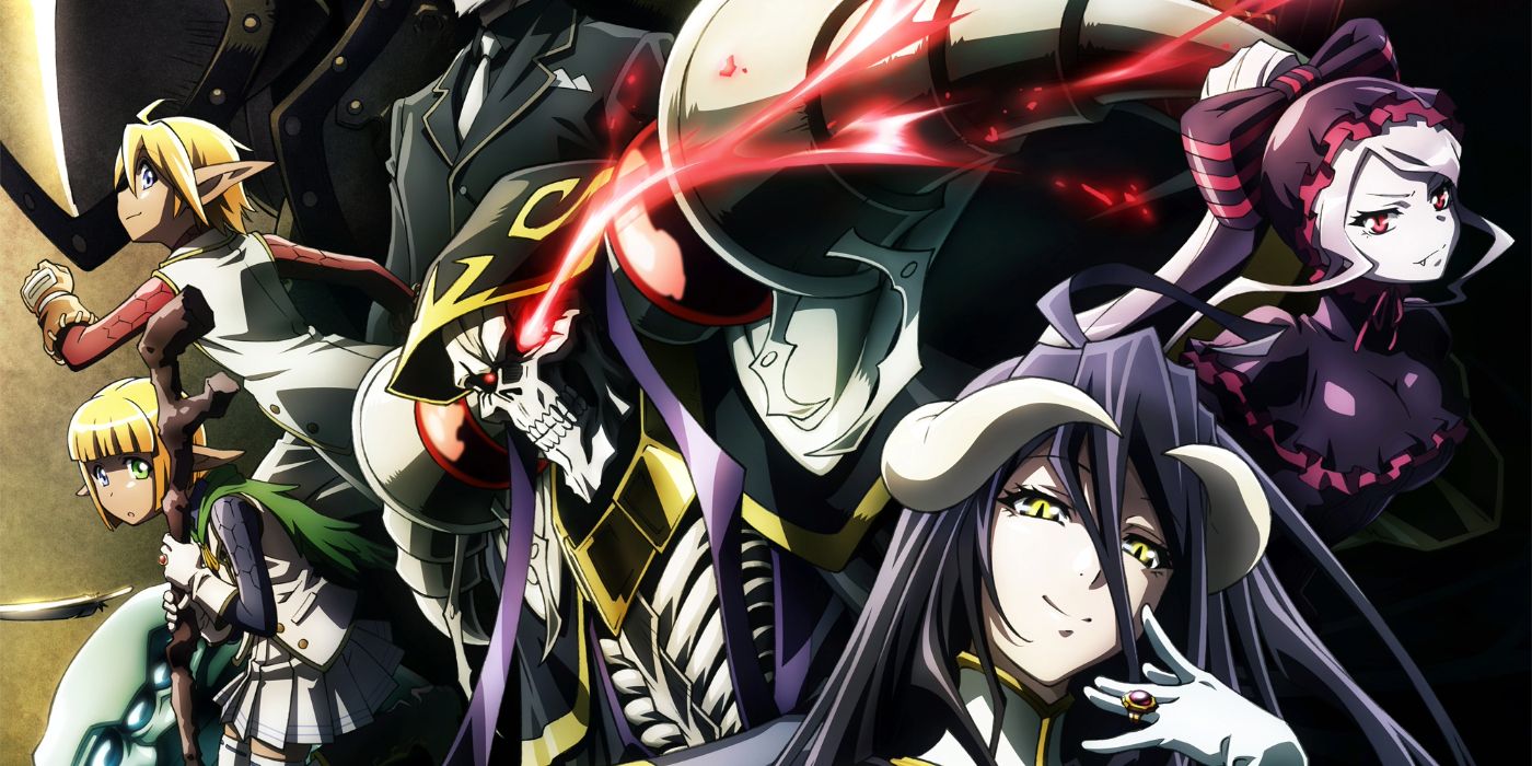 Hauptdarsteller von Overlord mit Ainz Ooal Gown, Albedo und anderen, die auf einem Key Visual für die Anime-Adaption zu sehen sind.