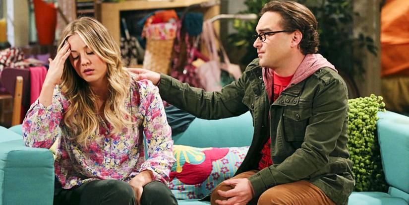 Penny and Leonard talk on the couch in The Big Bang Theory