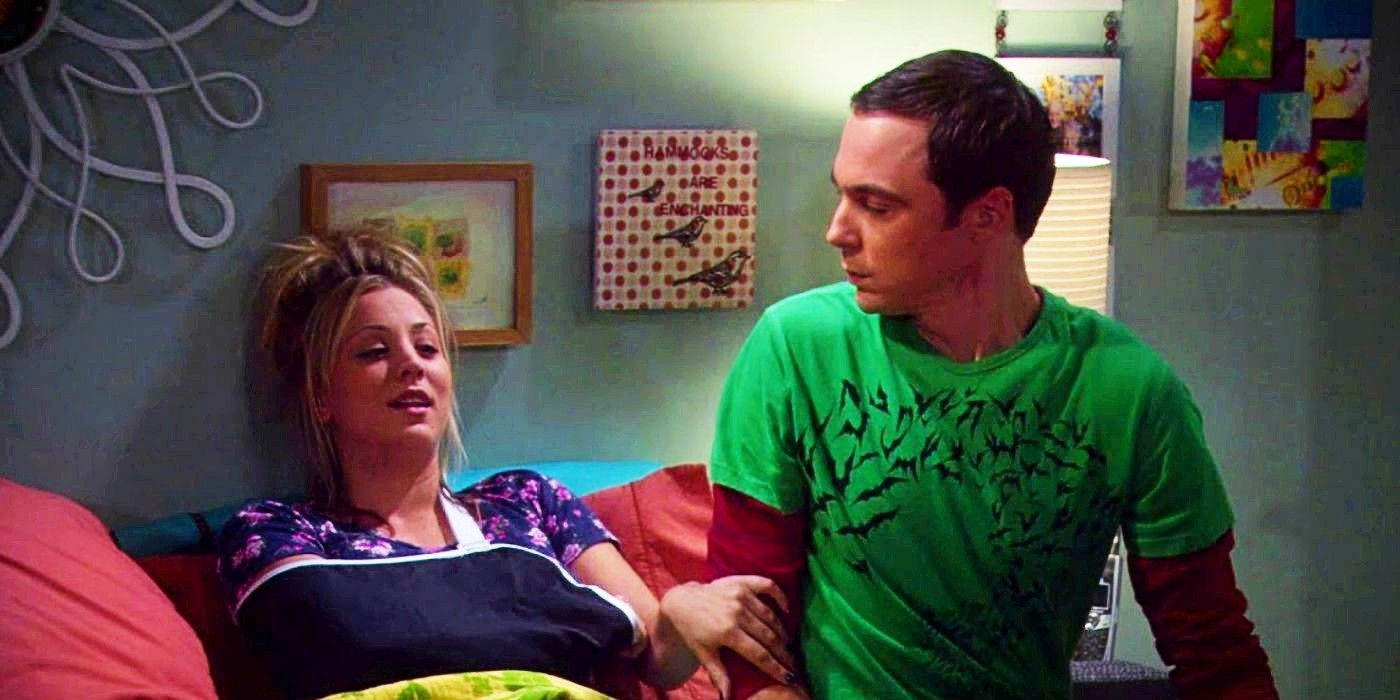 Penny with an injured shoulder and Sheldon on The Big Bang Theory