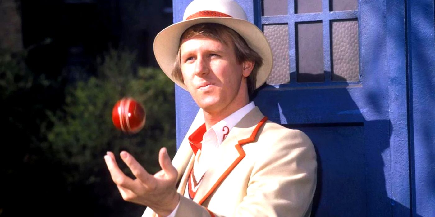 Peter Davison as the Fifth Doctor Throwing Up a Cricket Ball in Doctor Who