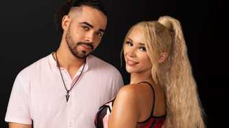 Sophie Sierra and Robert Warne from 90 Day Fiance, smiling against a black background