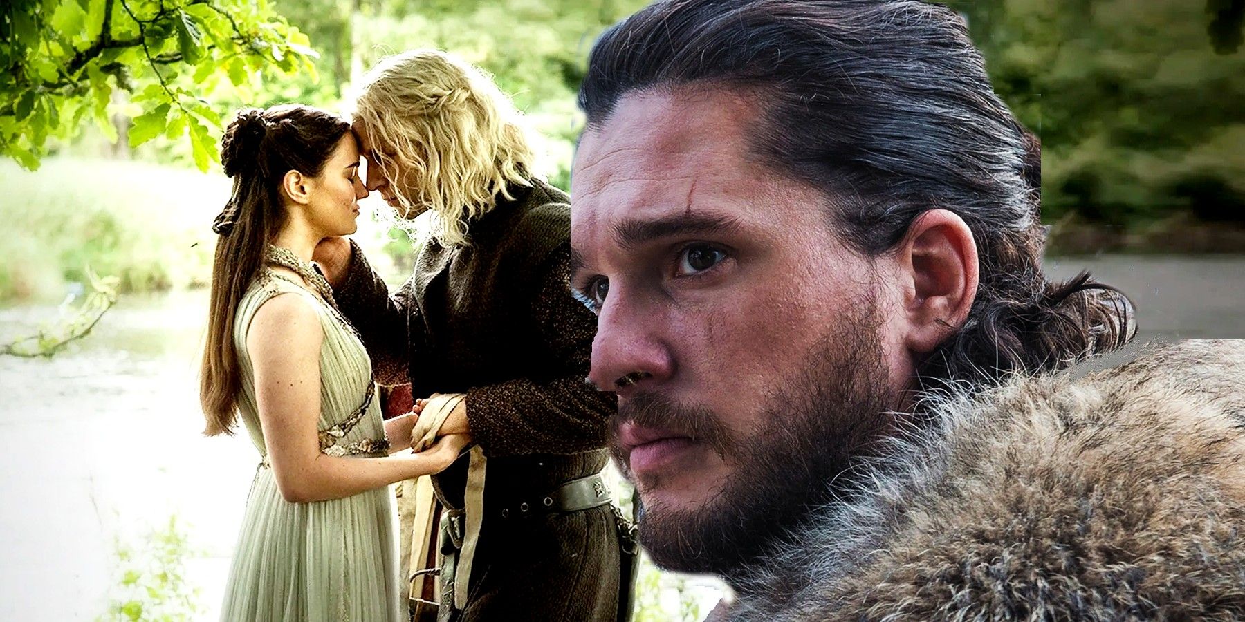 Collage of Rhaegar Targaryen marrying Lyanna Stark behind a closeup of Jon Snow in Game of Thrones