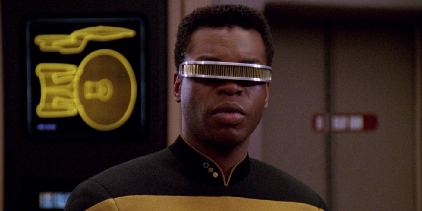 Geordi La Forge, wearing the VISOR, as portrayed by LeVar Burton in Star Trek: The Next Generation.