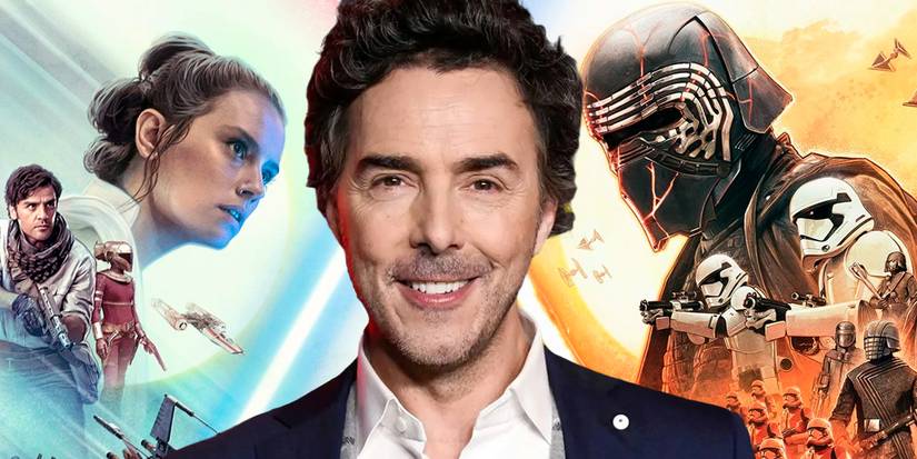 Shawn Levy in front of images from the Star Wars sequel trilogy