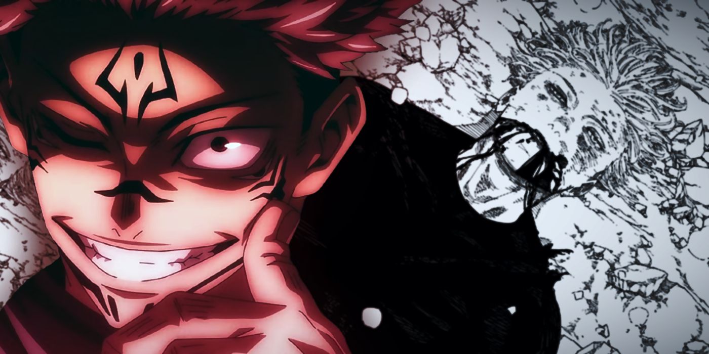 Sukuna de Jujutsu Kaisen sorrindo com a cena da morte de Gojo ao fundo.