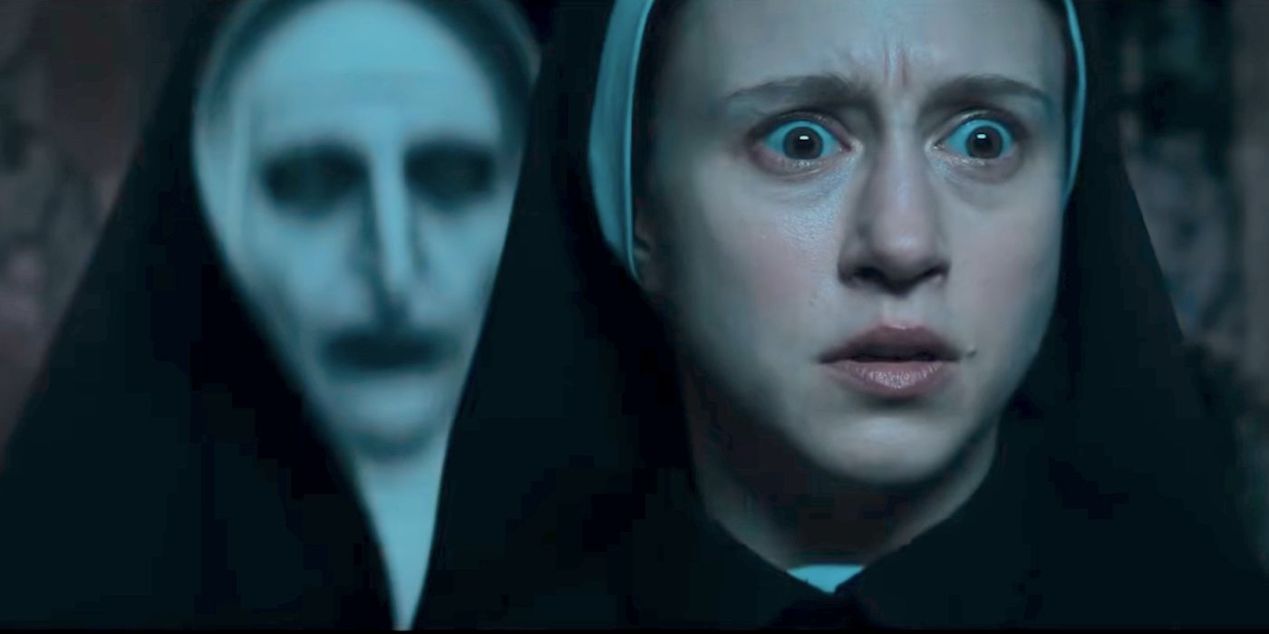 Taissa Farmiga as Sister Irene with Valak Behind Her in The Nun 2