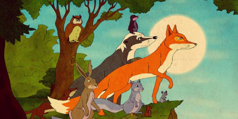 The Animals of Farthing Woods all standing at the edge of a cliff.