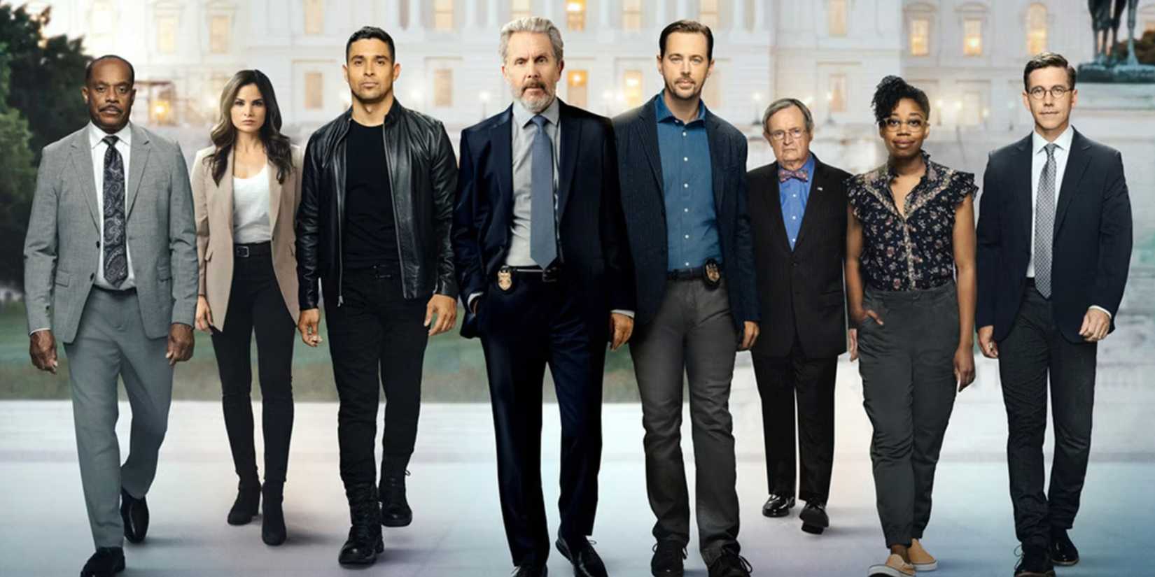 The cast of NCIS season 20 walking toward the camera