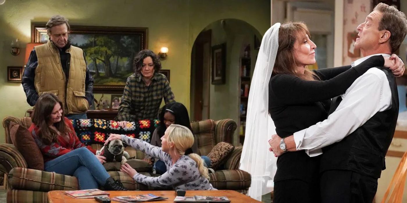 The cast of The Conners sit on the couch beside an image of Katey Sagal's Louise and John Goodman's Dan embracing on their wedding day