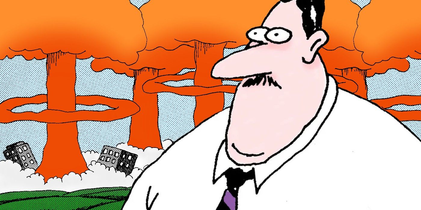 Far Side, man with a mustache looking nervous (foreground) with nuclear explosions in background