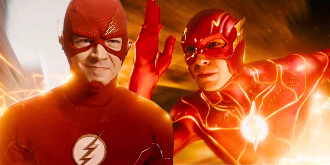Grant Gustin and Ezra Miller's versions of The Flash running with lightning effects.
