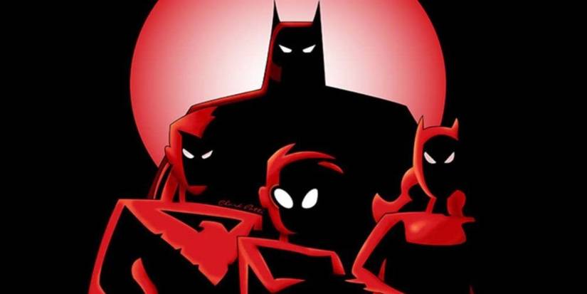 The New Batman Adventures poster with Batman, Robin, Batgirl and Nightwing stood together in shadow