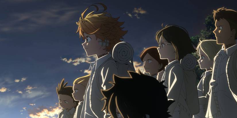The Promised Neverland Season 2 image featuring the children of the orphanage, with Emma leading them
