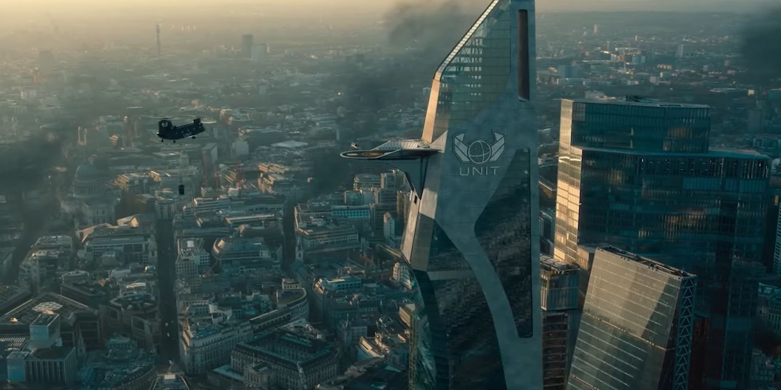 an establishing shot of Unit HQ among London buildings in Doctor Who