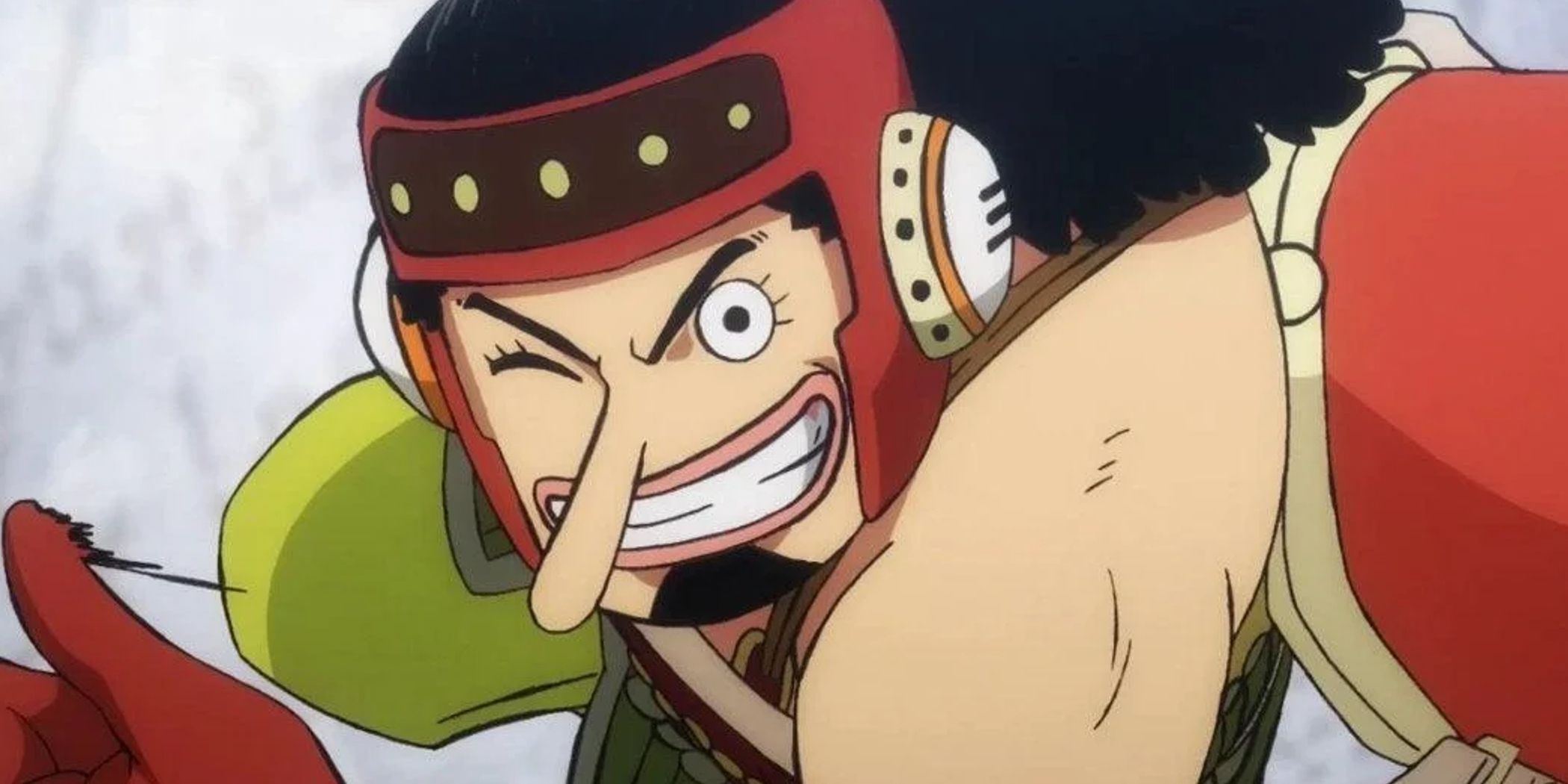 Usopp from One Piece smiling with protective gear on.