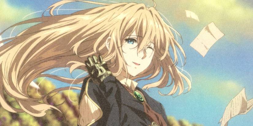 Violet Evergarden with papers flowing around her as she smiles and closes one eye.
