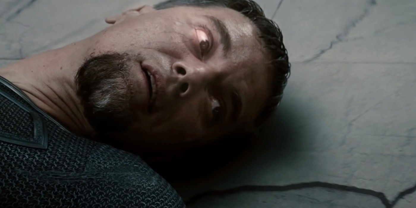 Zod (Michael Shannon) staring blankly after having his neck snapped and being killed by Superman in Man of Steel