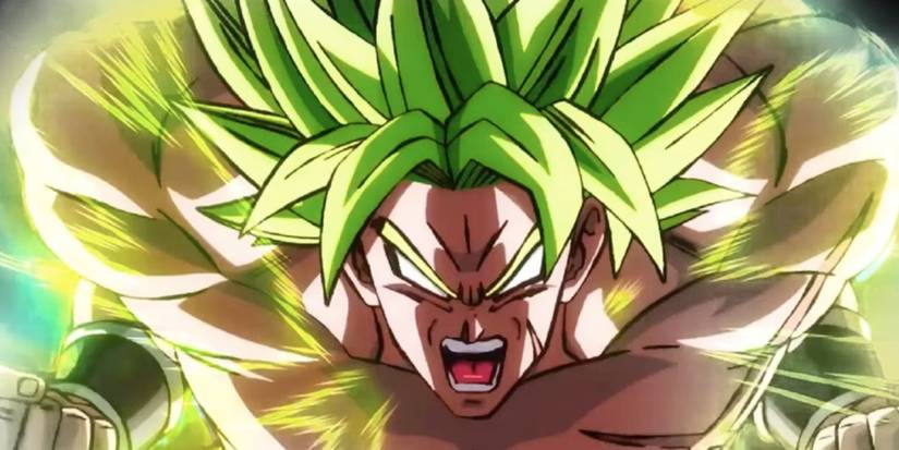 Broly charging up to full power with his mouth open and pupils gone in Dragon Ball Super.