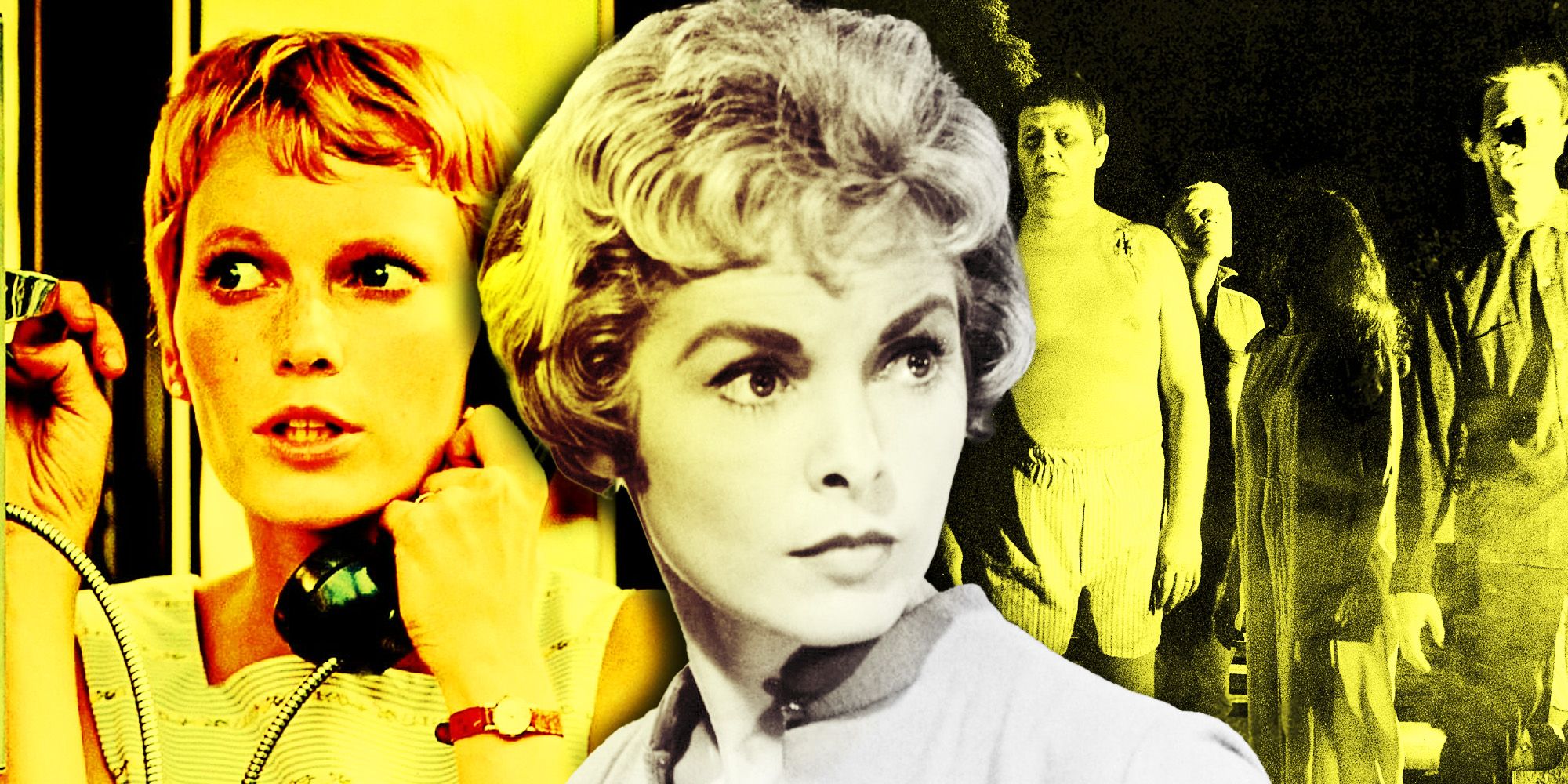 Stills from Rosemary's Baby, Psycho, and Night of the Living Dead