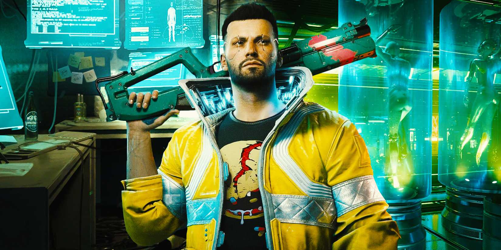 V standing in front of computer consoles with a rifle on his back.