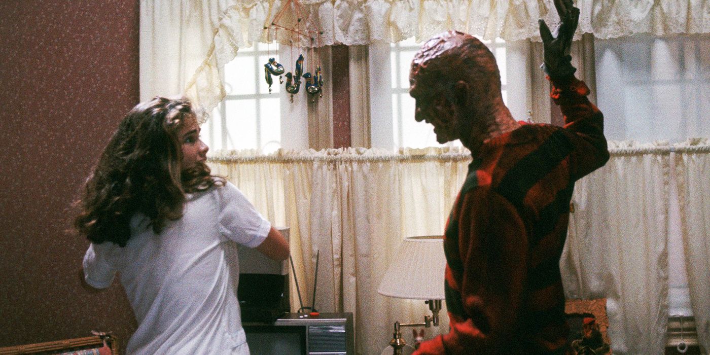 Nancy (Heather Langenkamp) fighting Freddy Krueger (Robert Englund) in A Nightmare on Elm Street