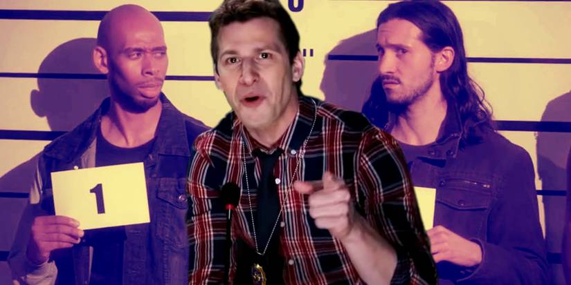 Andy Samberg singing the Backstreet Boys song while 2 suspects look at each other in Brooklyn Nine-Nine