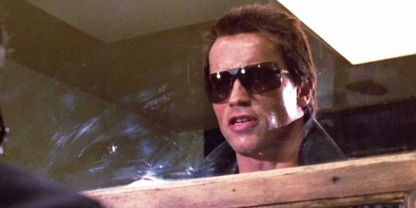 Arnold Schwarzenegger as the T-800 Wearing Sunglasses and Speaking with Himself in the Mirror Saying 