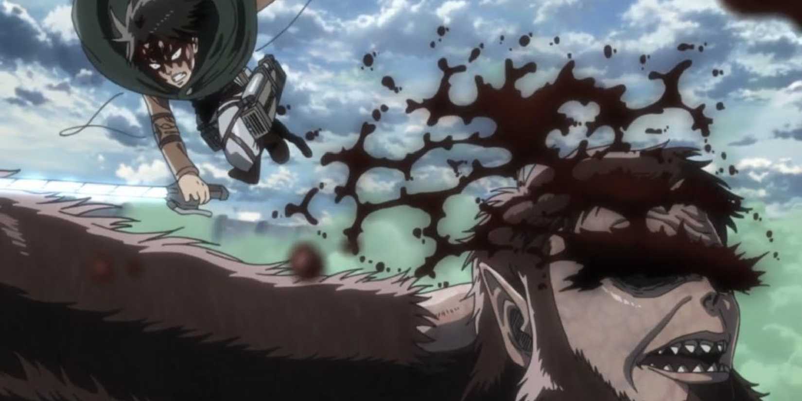 Attack On Titan's Levi slashes out the Beast Titan's eyes in a bloody display.