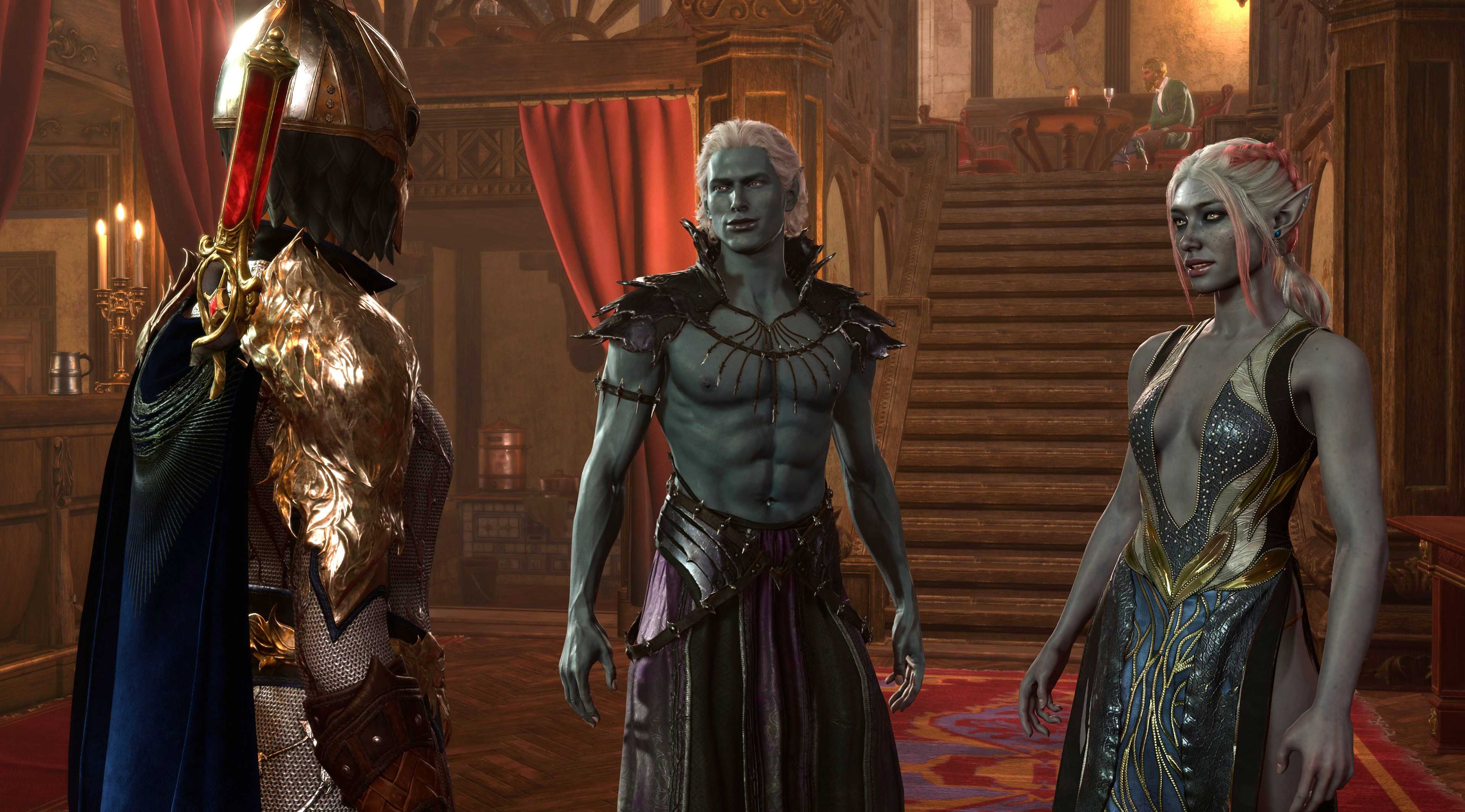Baldur's Gate 3 Female Half-Elf Speaking To Drow Twins In Sharess' Caress