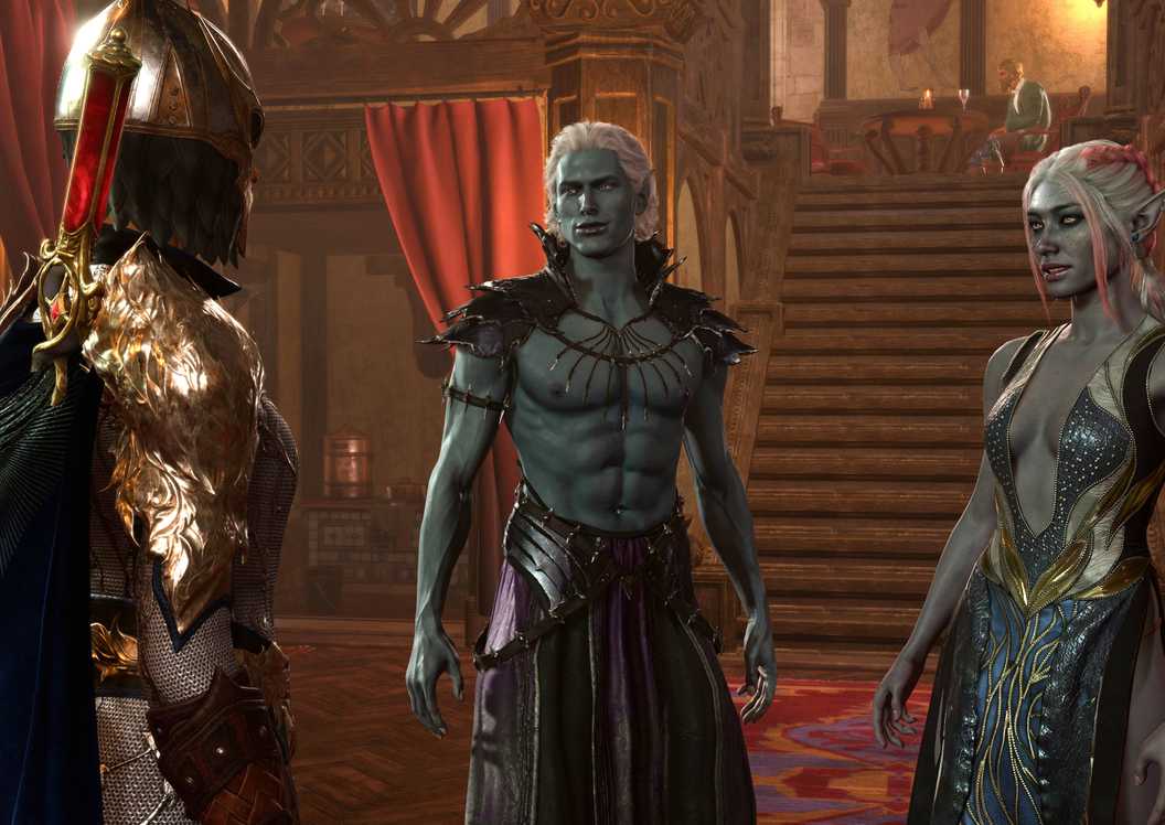 Baldur's Gate 3 Female Half-Elf Speaking To Drow Twins In Sharess' Caress