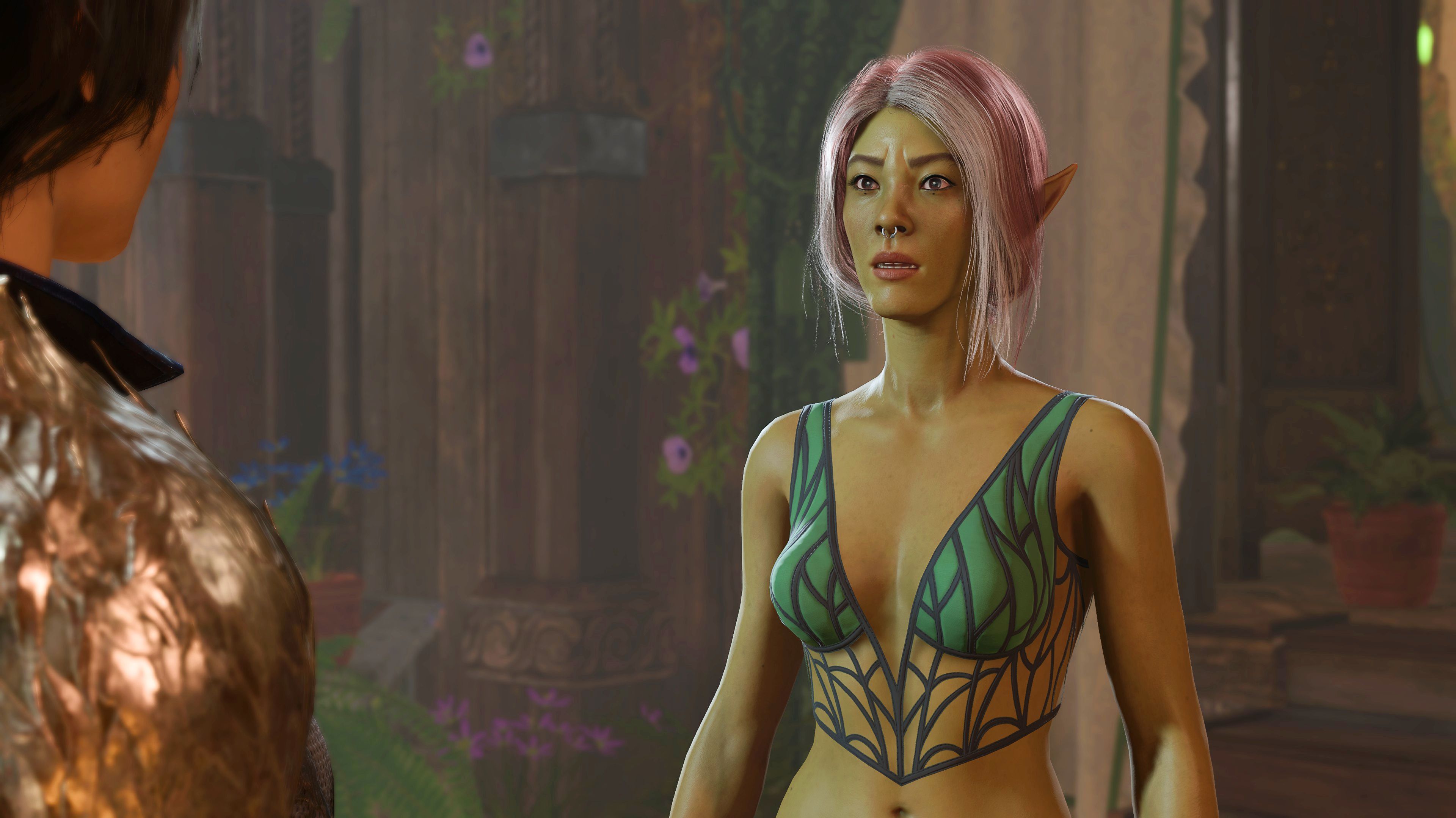 Baldur's Gate 3 Female Half-Elf Speaking To Naoise Nallinto In Sharess' Caress