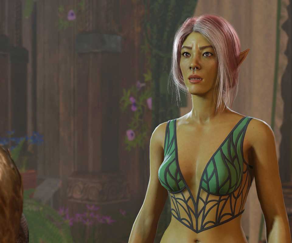 Baldur's Gate 3 Female Half-Elf Speaking To Naoise Nallinto In Sharess' Caress