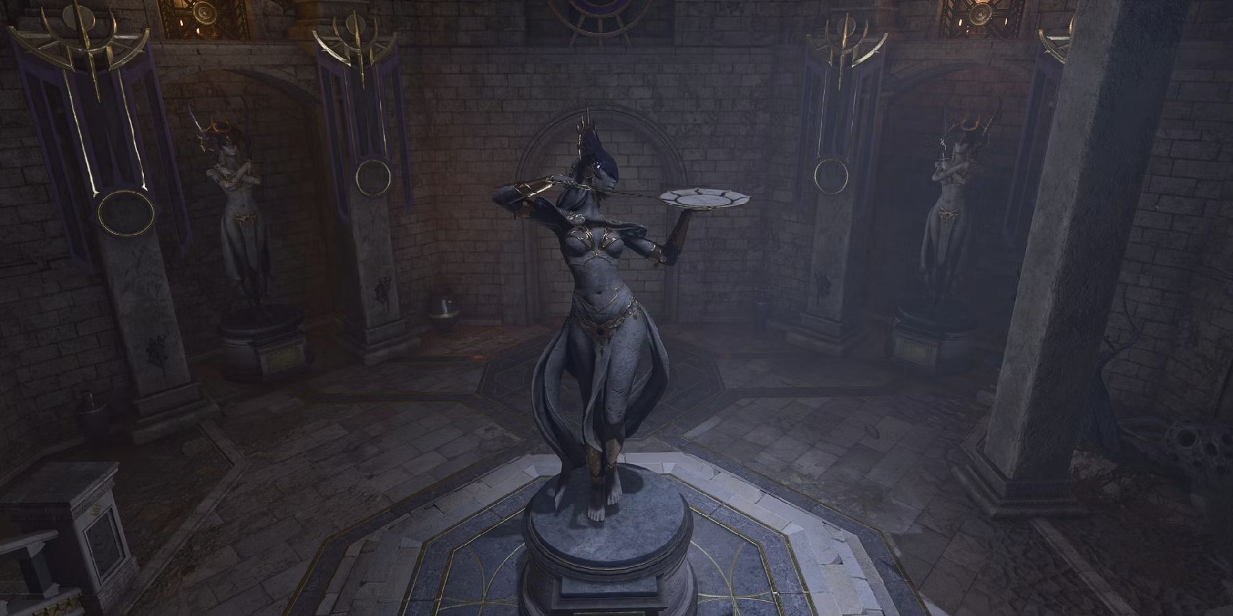 A statue of Shar holding a plate in a screenshot from Baldur's Gate 3.